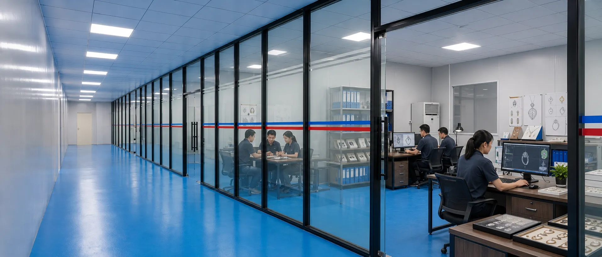 The main production corridor at the Qingxi, Dongguan factory, looking past the glass-walled design and sampling office