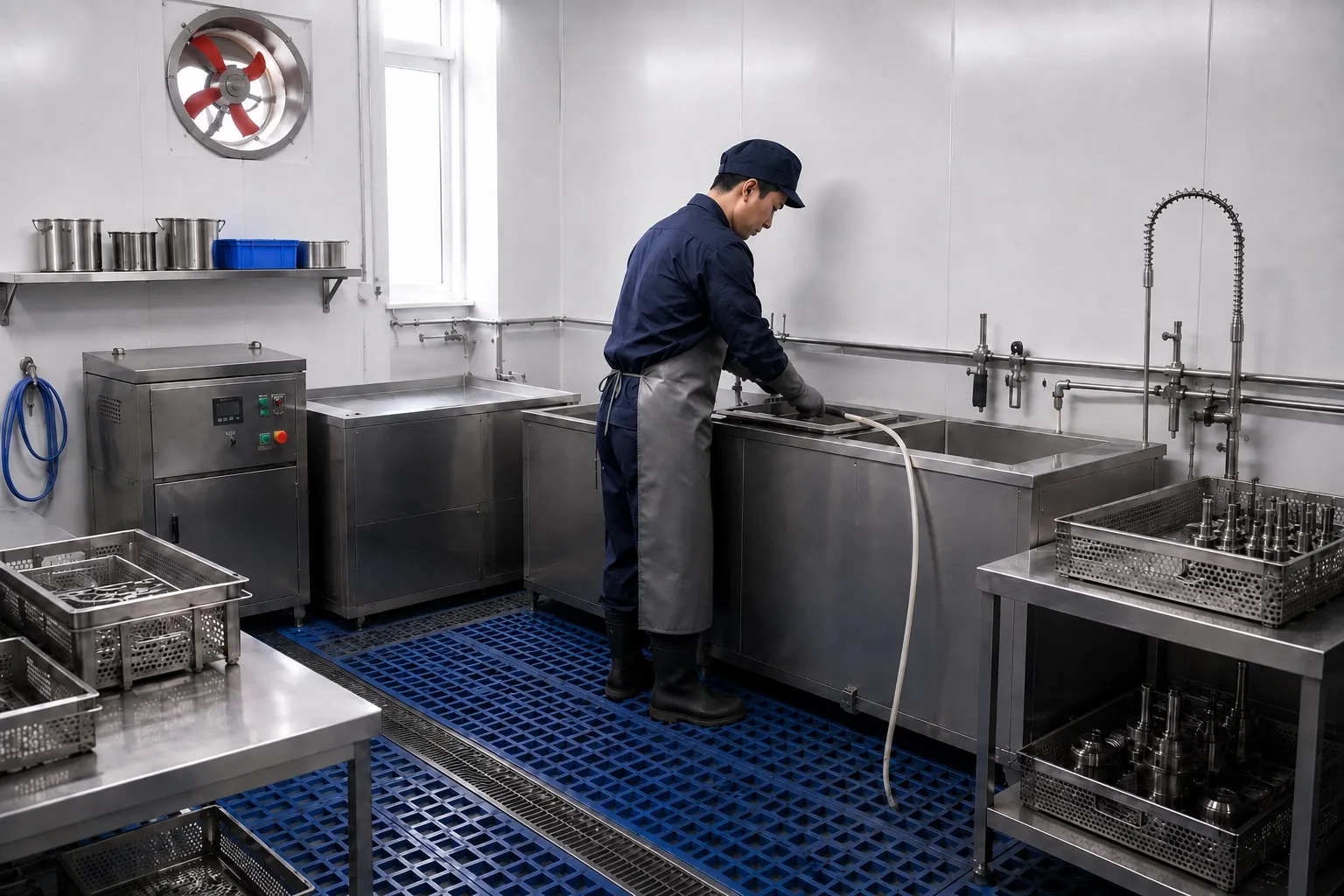 Ultrasonic cleaning tanks with parts in stainless baskets