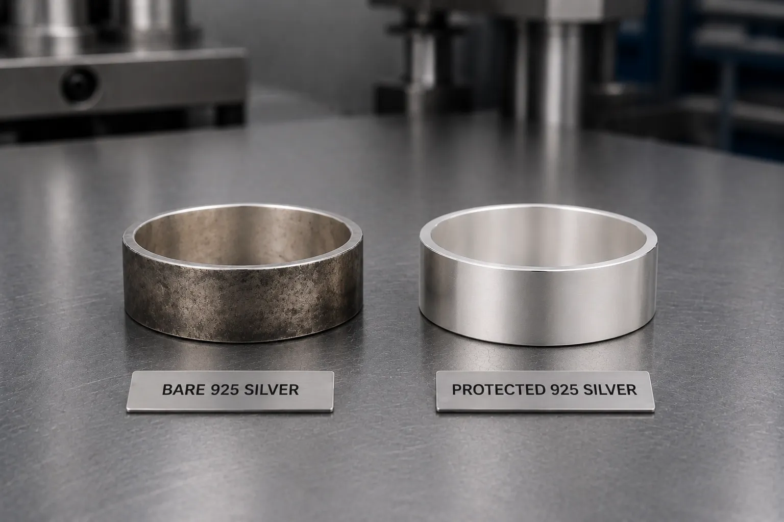 Tarnish, bare against rhodium — Same piece, same exposure · one bare, one protected