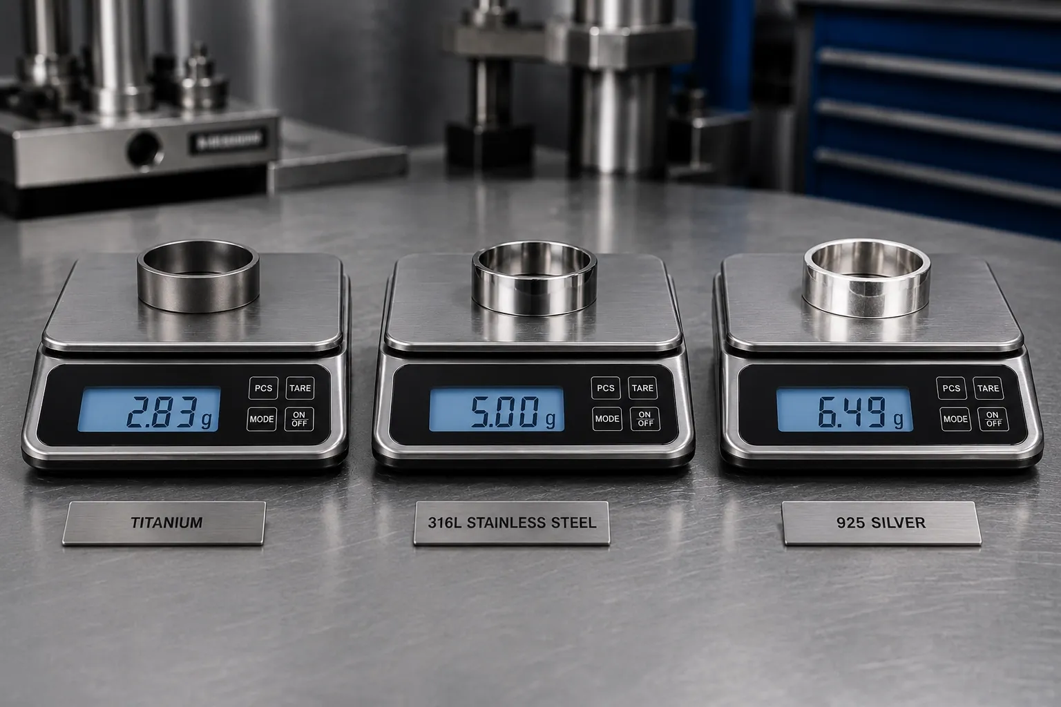 Weight against 316L — Same 6 mm band in three alloys · 2.83 g · 5.00 g · 6.49 g