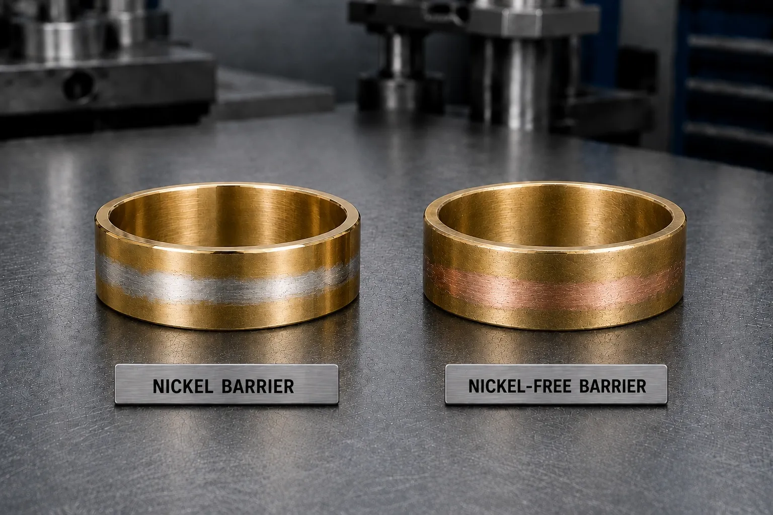 What the gold sits on — Worn through · cool white is nickel, copper is the nickel-free strike