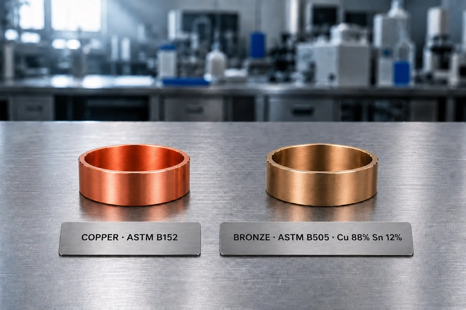 Copper against bronze — Same blank, same finish · Cu ≥ 99.9% beside Cu 88% Sn 12%