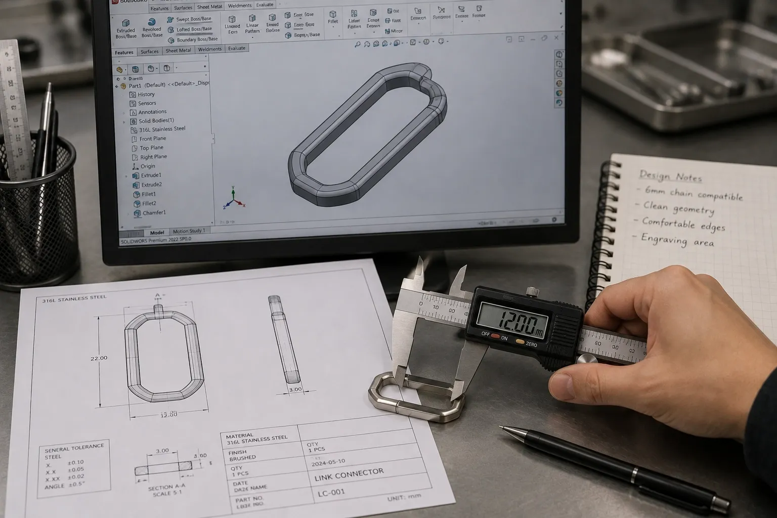 What starts a custom quotation — CAD on screen, a dimensioned drawing and a physical reference on the bench — any one of the three is enough to quote against