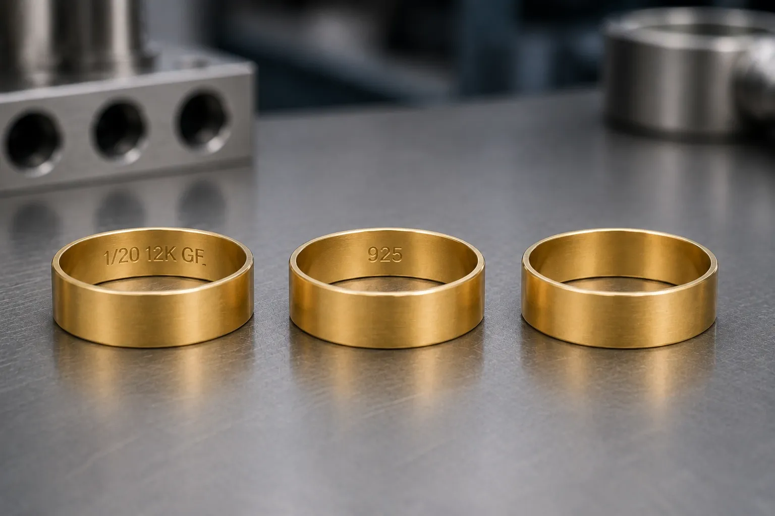What the buyer can check on arrival — Gold-filled carries a quality mark stating the fraction and karat, vermeil carries 925 for its sterling base, plated brass carries neither