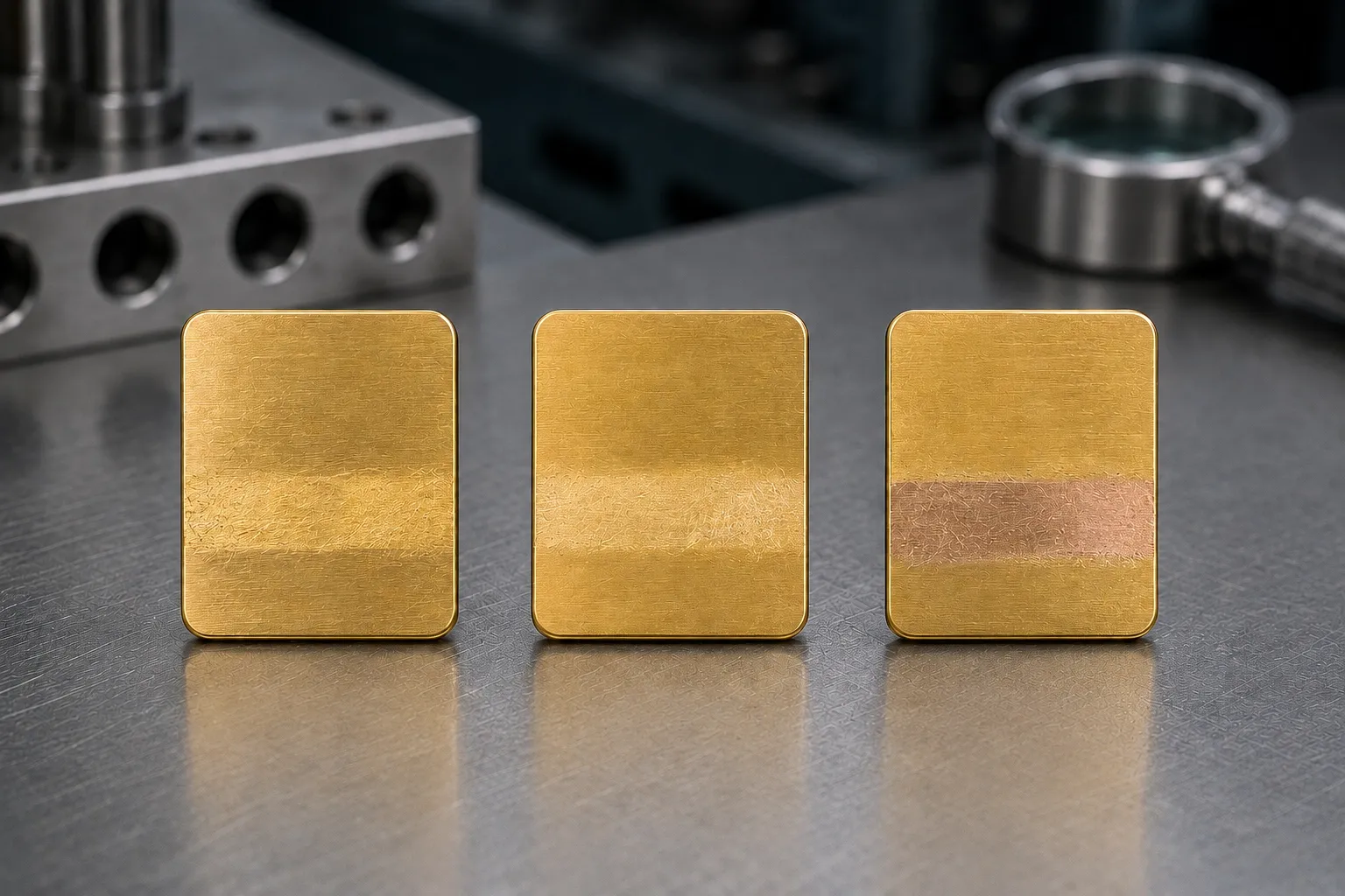 The same three, worn — Plating worn through to the base metal; the gold-filled and vermeil surfaces still carrying gold