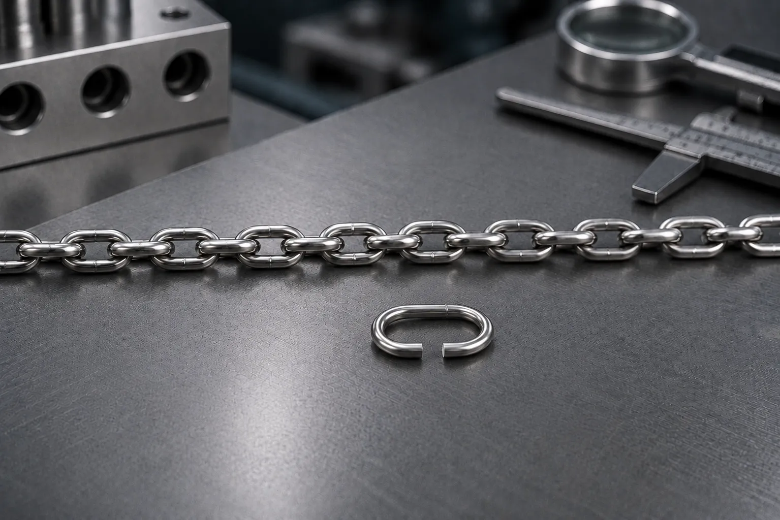 Before and after closure — Formed C-link below, the same link soldered shut in the running chain above — the joint is visible on every link