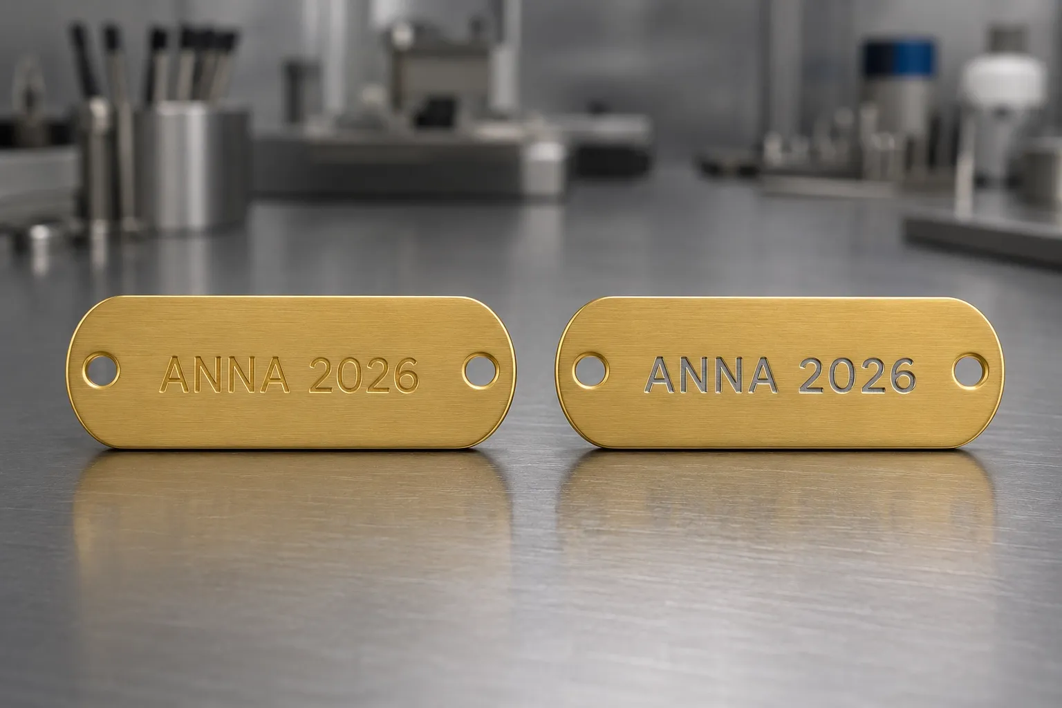 Mark before or after plating — Marked before plating (left) — the coating covers the recess. Marked after (right) — the cut goes through the gold and the 316L underneath shows
