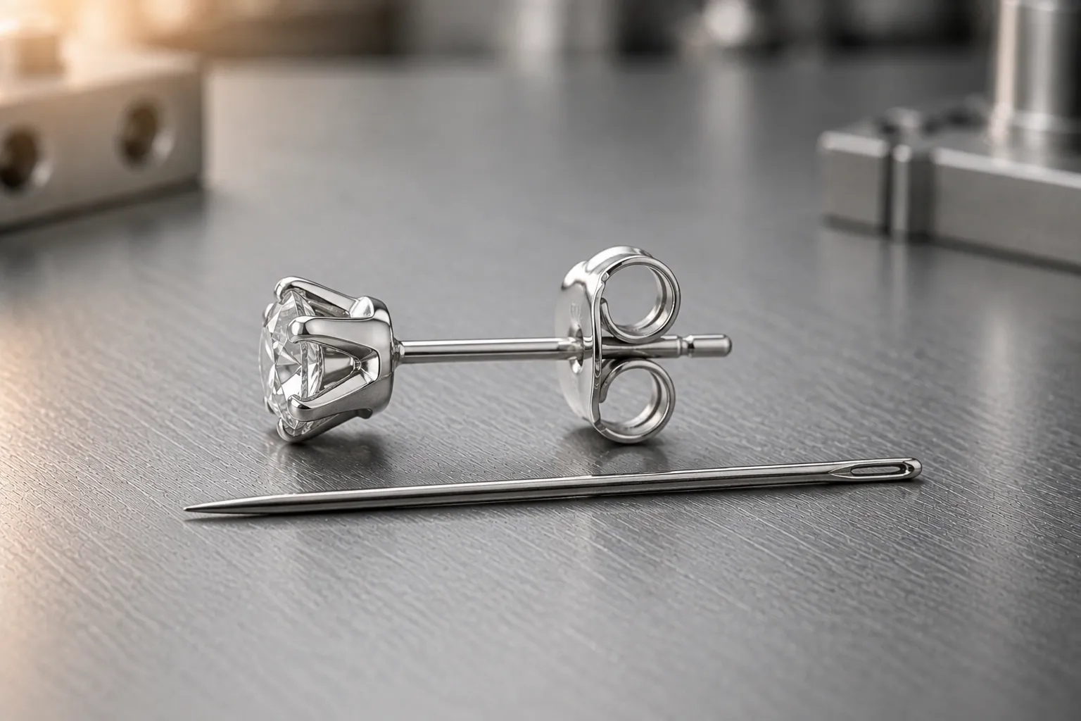 Post diameter — 0.8 mm earring post against a sewing needle