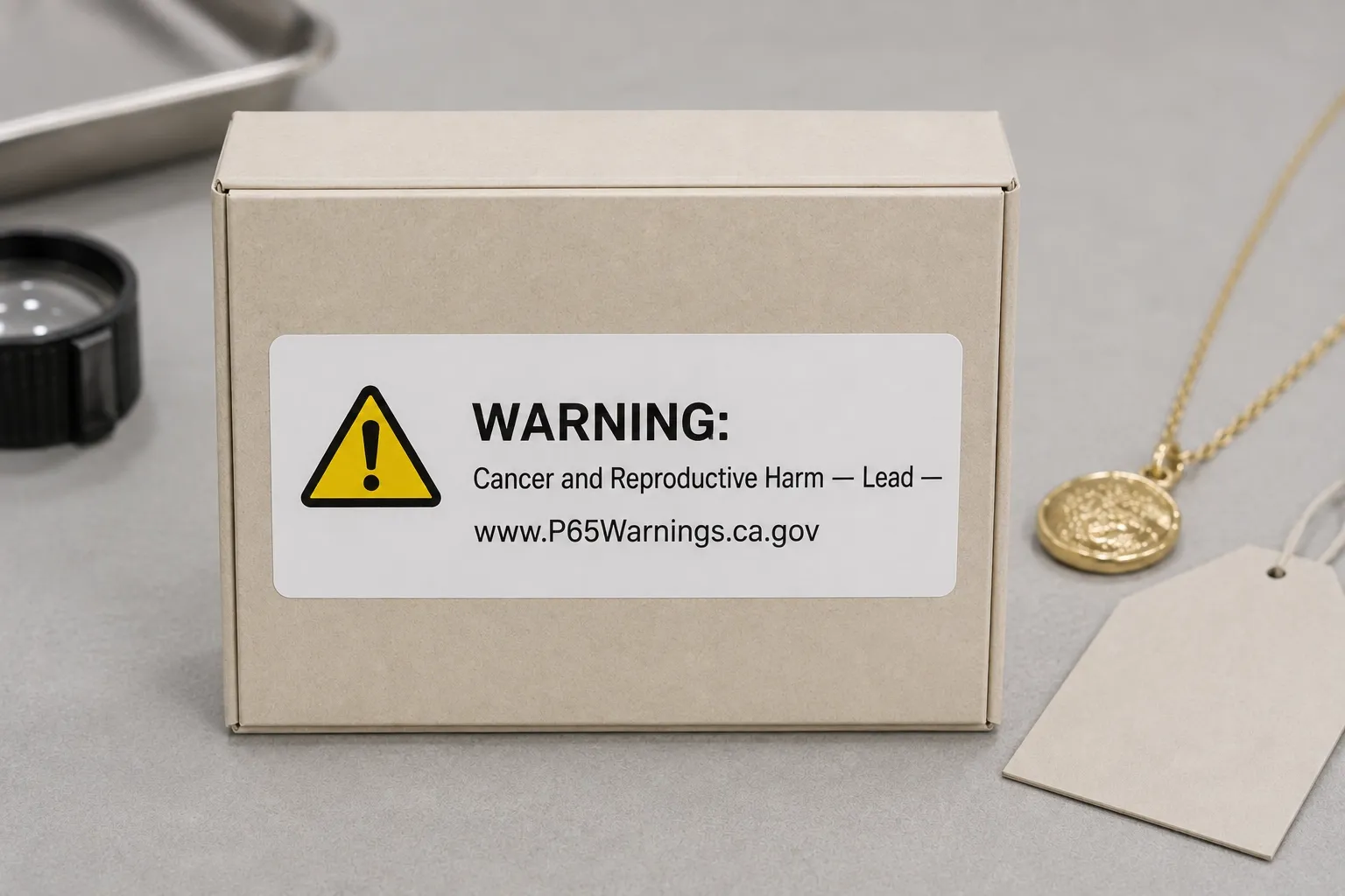 What a warning looks like on the shelf — The short-form warning as printed on retail packaging — yellow triangle, the word WARNING, the listed chemical, and the OEHHA URL