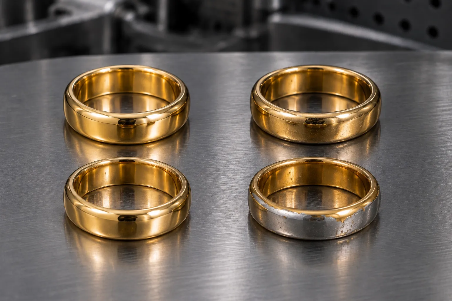 PVD against electroplating — New left, worn right · PVD top, plating bottom · 48–96 h vs 16–24 h, ASTM B117