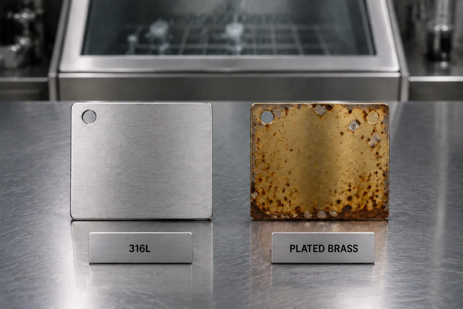 Salt spray, ASTM B117 — Uncoated 316L at 96 h+ beside plated brass, same exposure