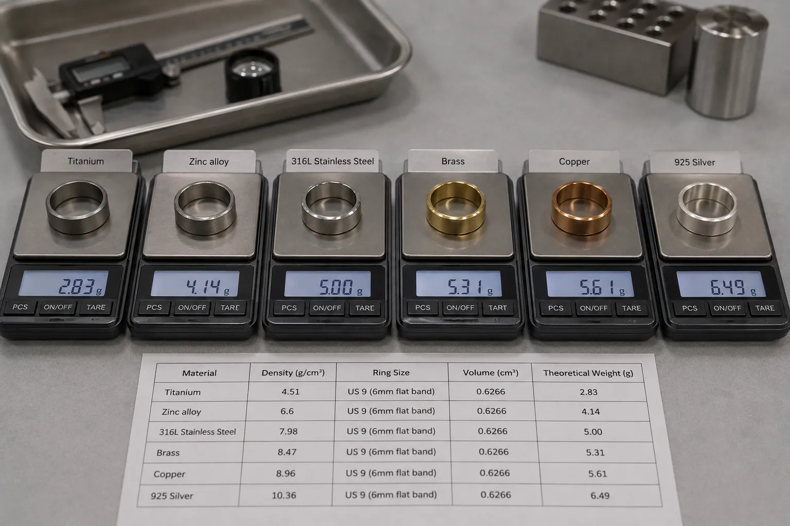 The same ring in six metals — One US 9 band in 6 mm flat section, 0.6266 cm³ of metal, six alloys weighed: titanium 2.83 g · zinc alloy 4.14 g · 316L 5.00 g · brass 5.31 g · copper 5.61 g · 925 silver 6.49 g. Each figure is that volume times the density in the table above