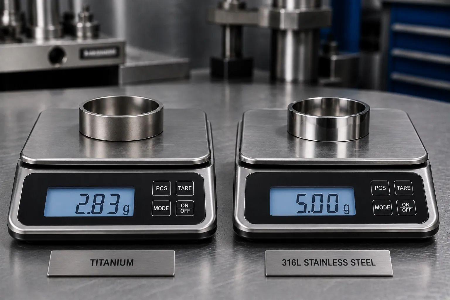 Weight against 316L — Same 6 mm band · 2.83 g against 5.00 g · density 4.51 vs 7.98 g/cm³