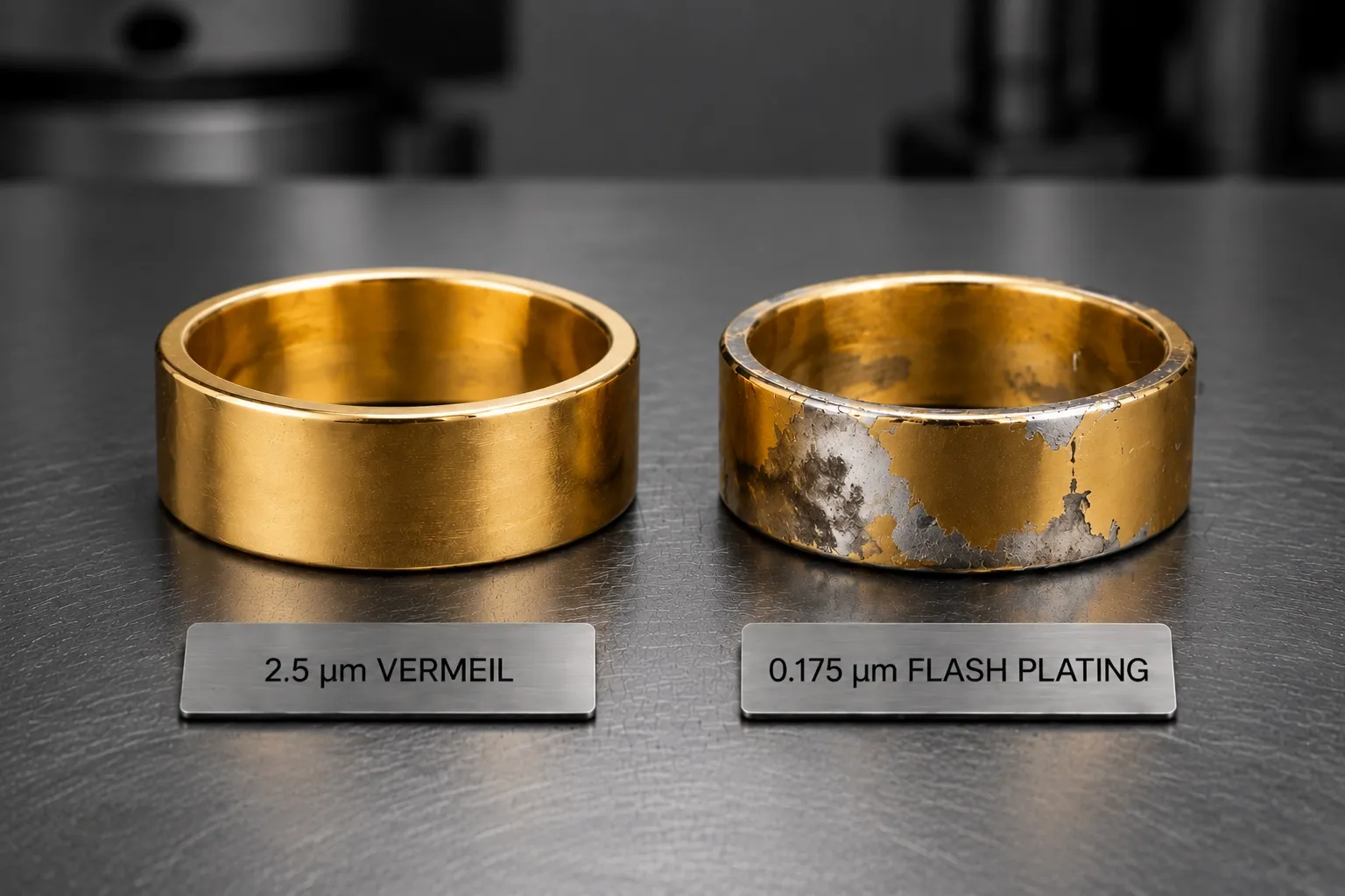 Vermeil against flash plating — 2.5 µm is the legal floor under US FTC 16 CFR §23.5 · 0.175 µm flash worn through to the silver