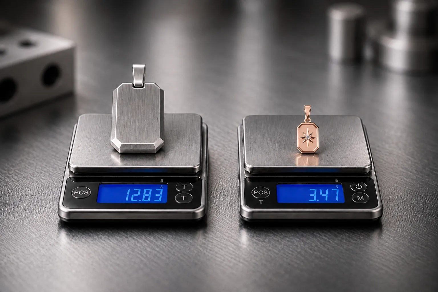 Piece weight — Both pieces weighed, in grams, on the bench