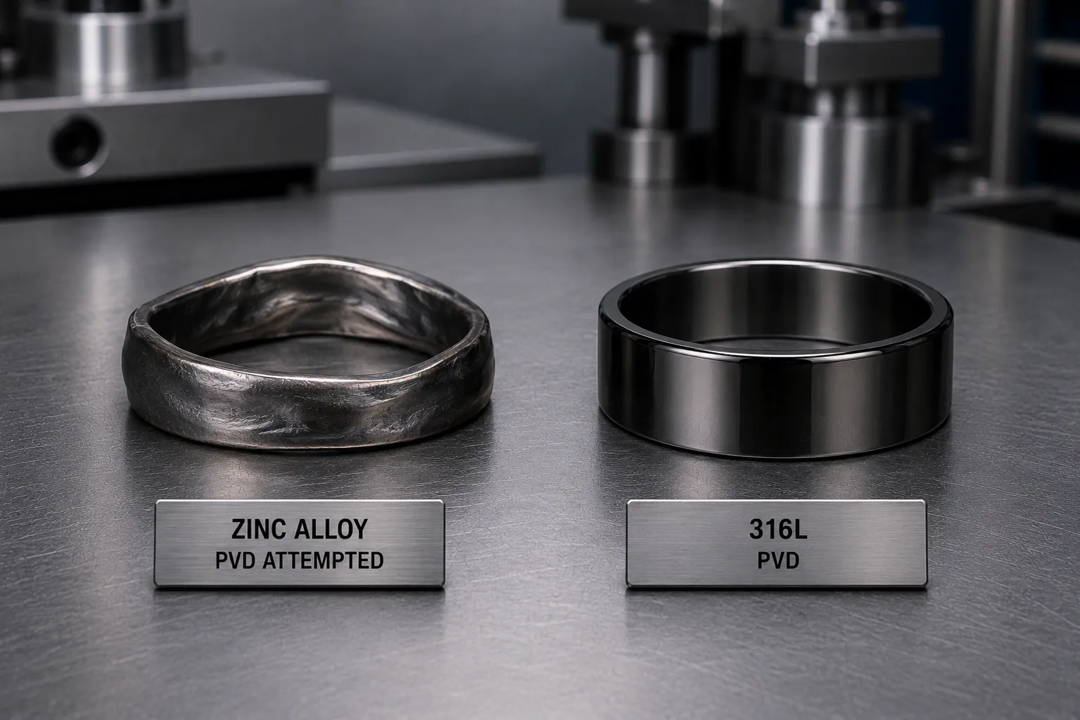 Why there is no PVD option — Chamber runs above the 381–387 °C melting point · the zinc part slumps