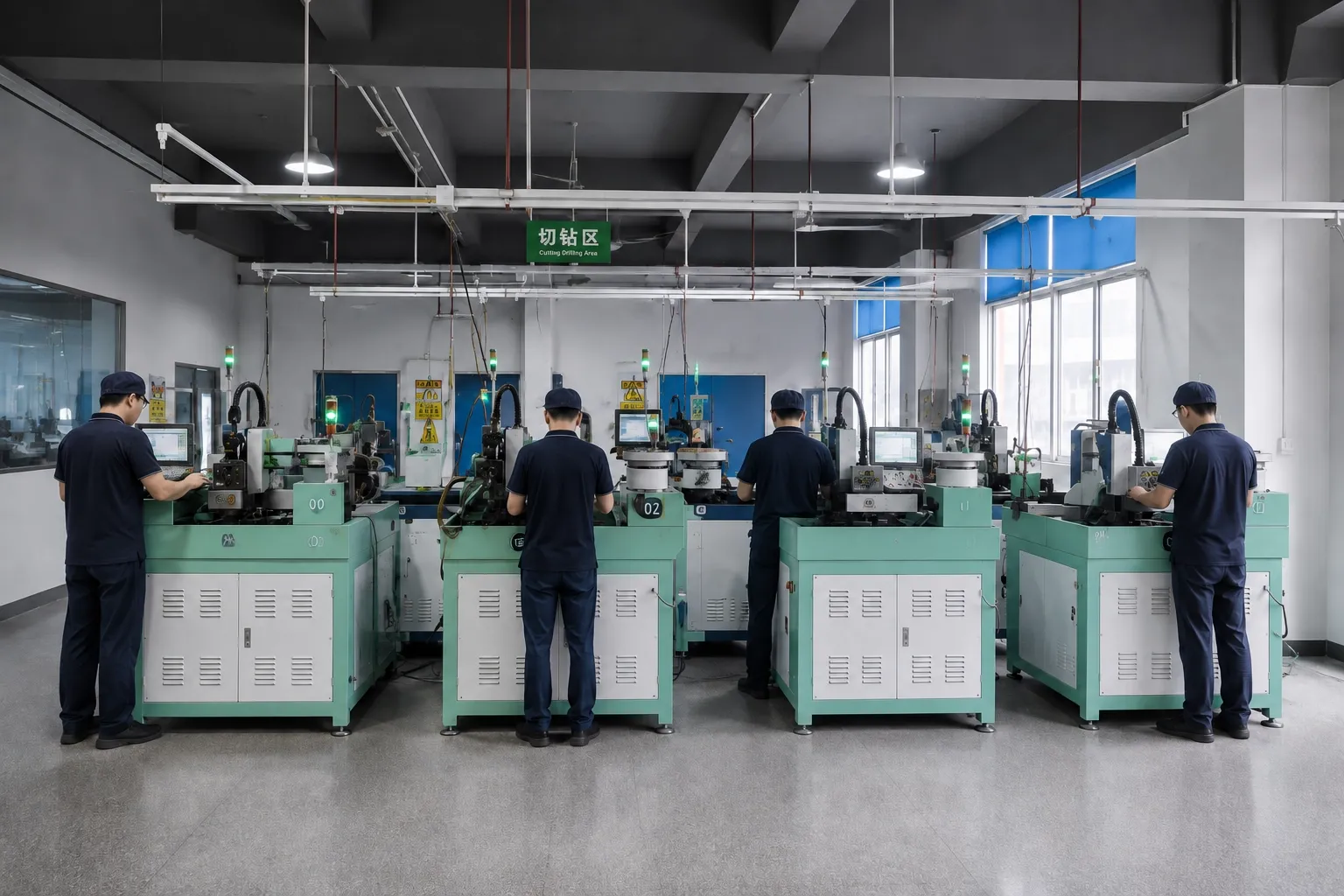 Automatic cut-and-drill machines under the department signage reading 切钻区 Cutting Drilling Area