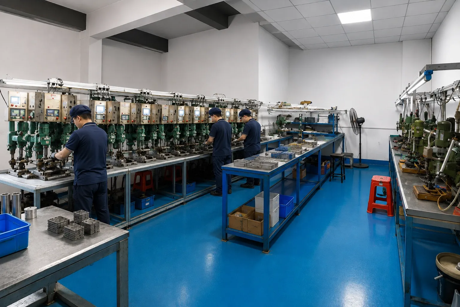 Bank of multi-spindle drilling and tapping machines with operators along the row