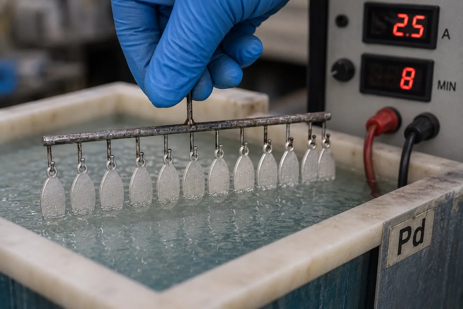 Electroplating, step 02: Barrier layer deposited — nickel, or palladium/copper where nickel-free is required