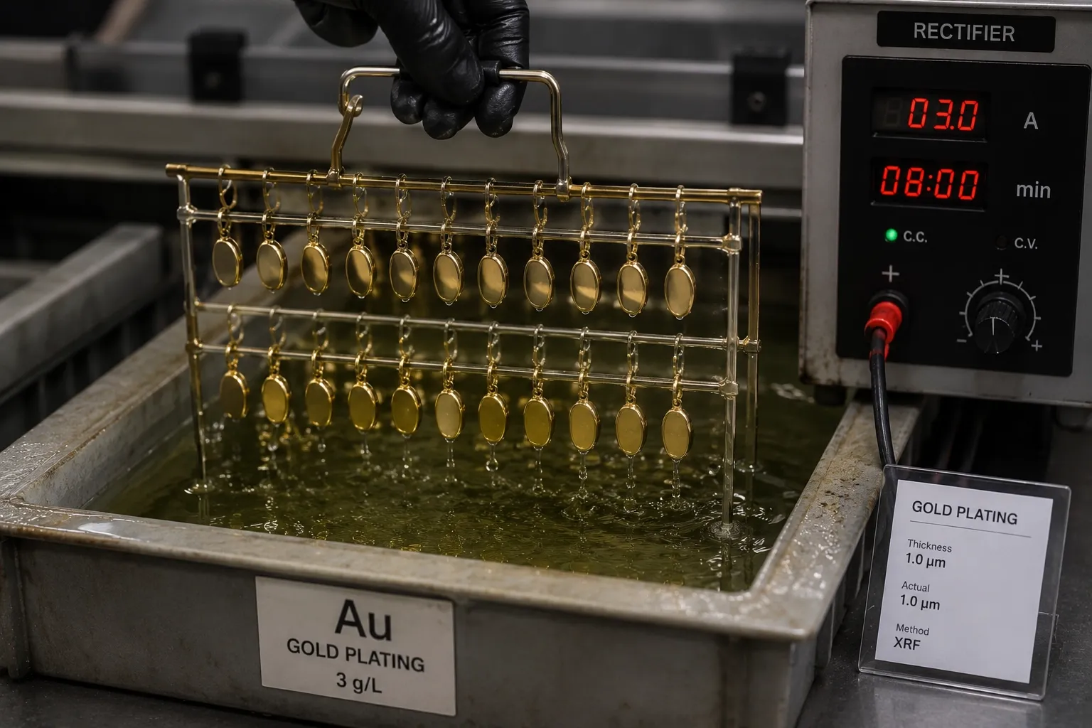 Electroplating, step 03: Colour layer deposited to the specified micron thickness