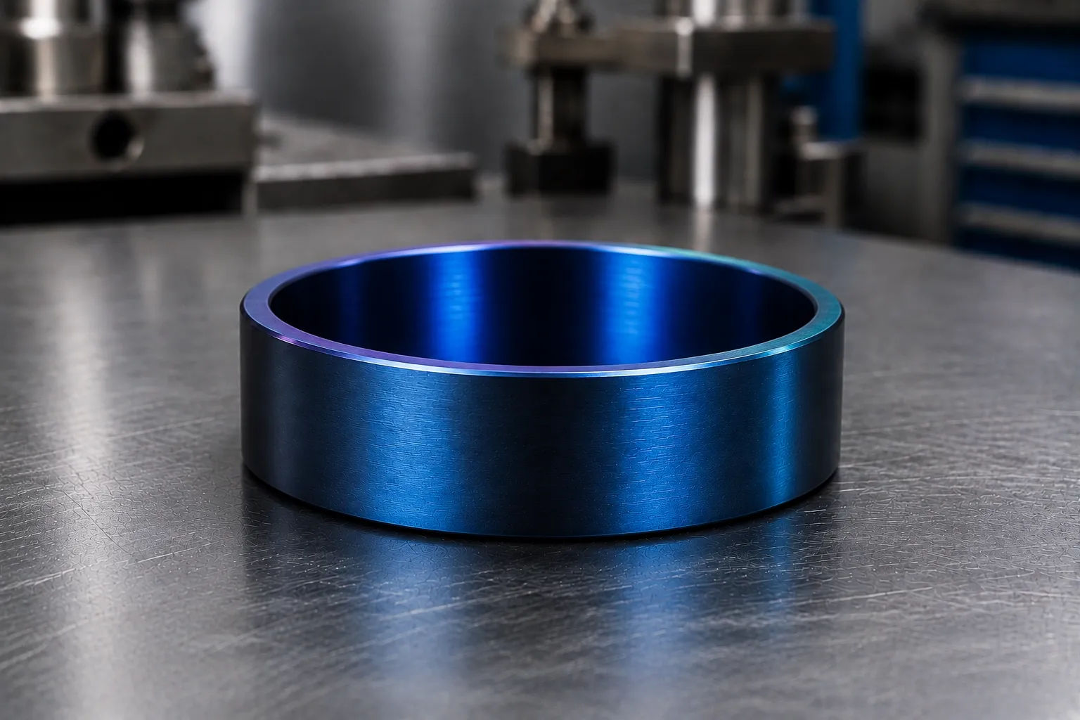 Anodised blue — titanium (grade 2 / grade 5), produced to a buyer's own design