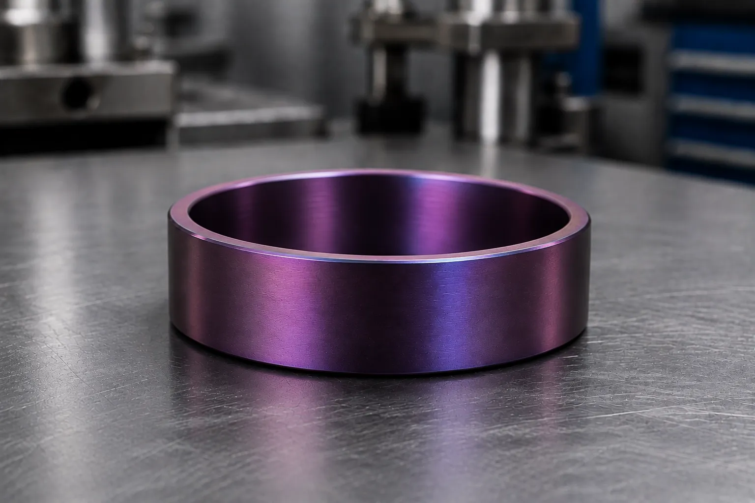 Anodised purple — titanium (grade 2 / grade 5), produced to a buyer's own design