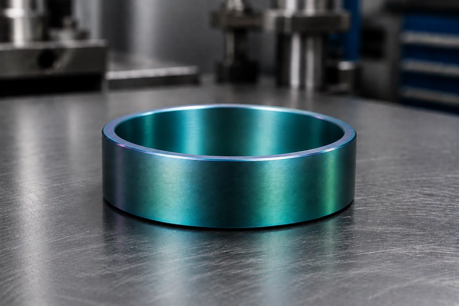 Anodised teal — titanium (grade 2 / grade 5), produced to a buyer's own design