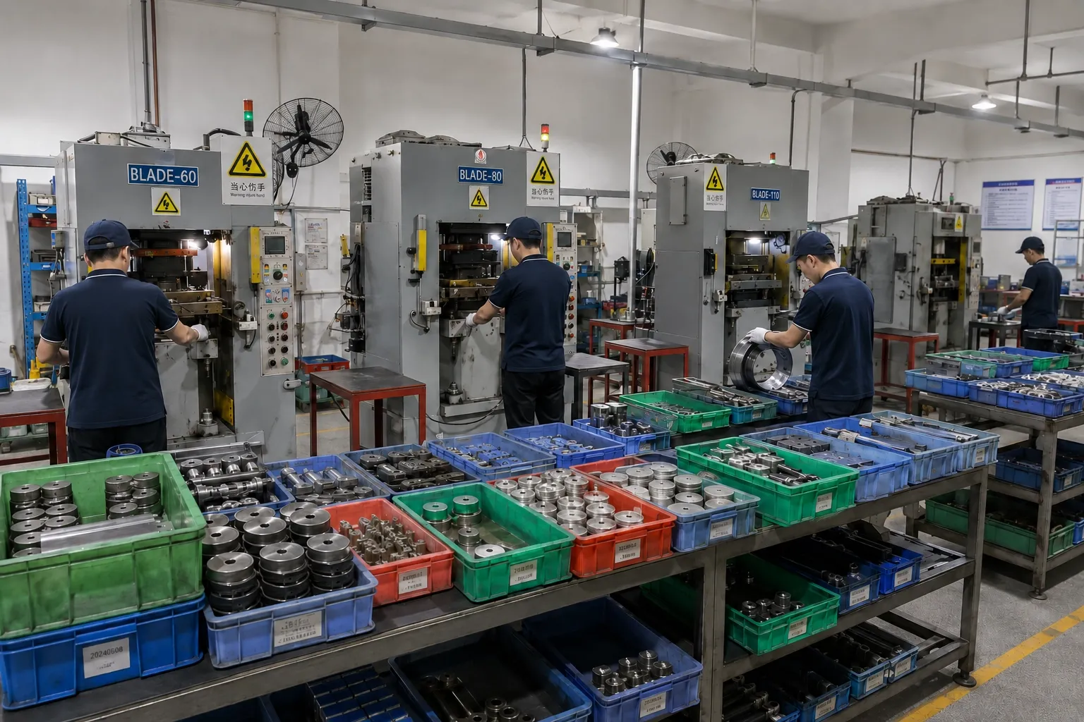 Hydraulic presses with operators, and stamping dies stored in crates in the foreground