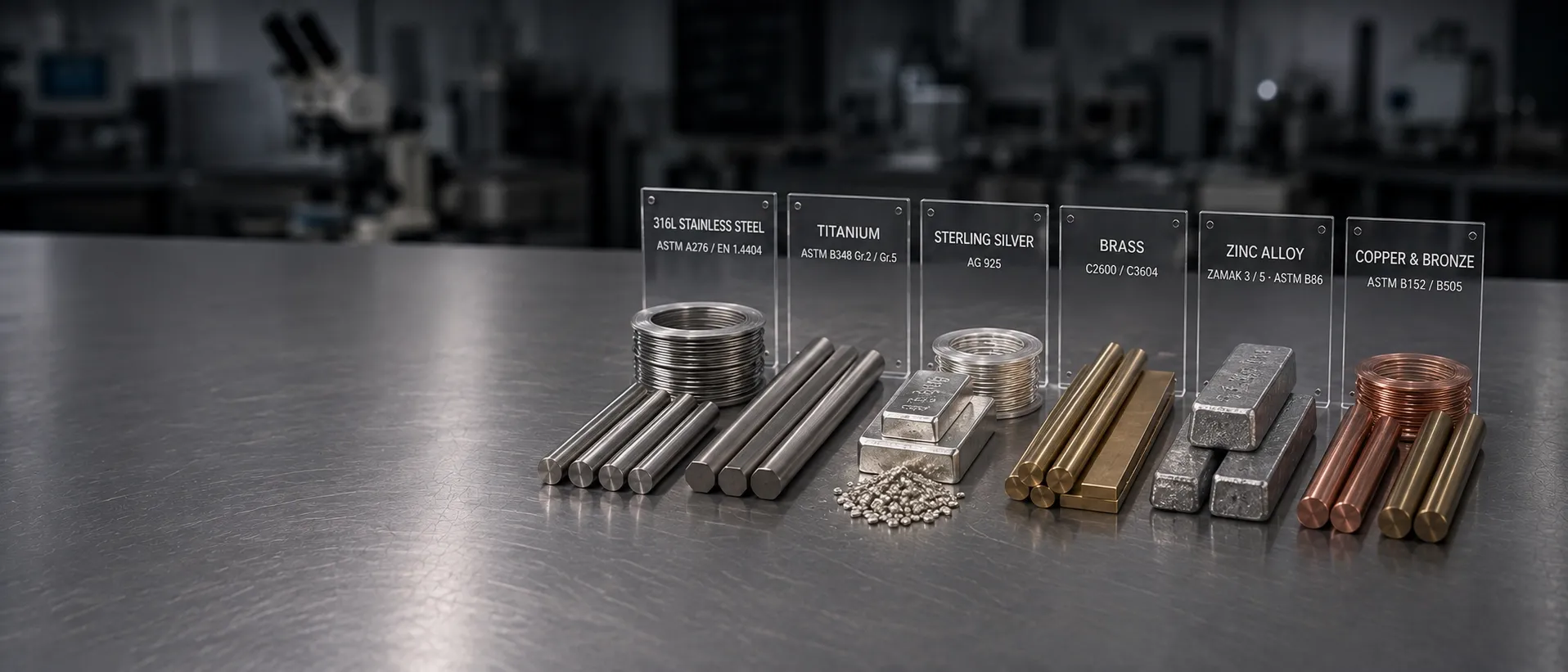 Raw metal stock in six alloys on a steel bench
