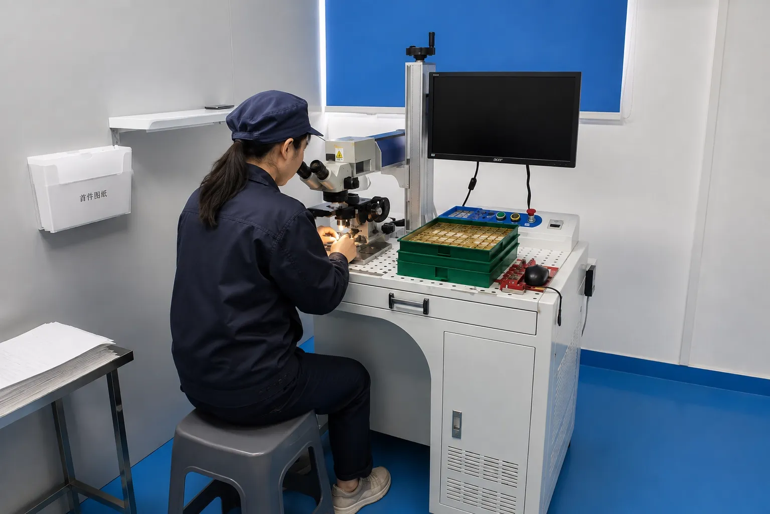 Fibre laser marking machine with components loaded in a gridded jig tray