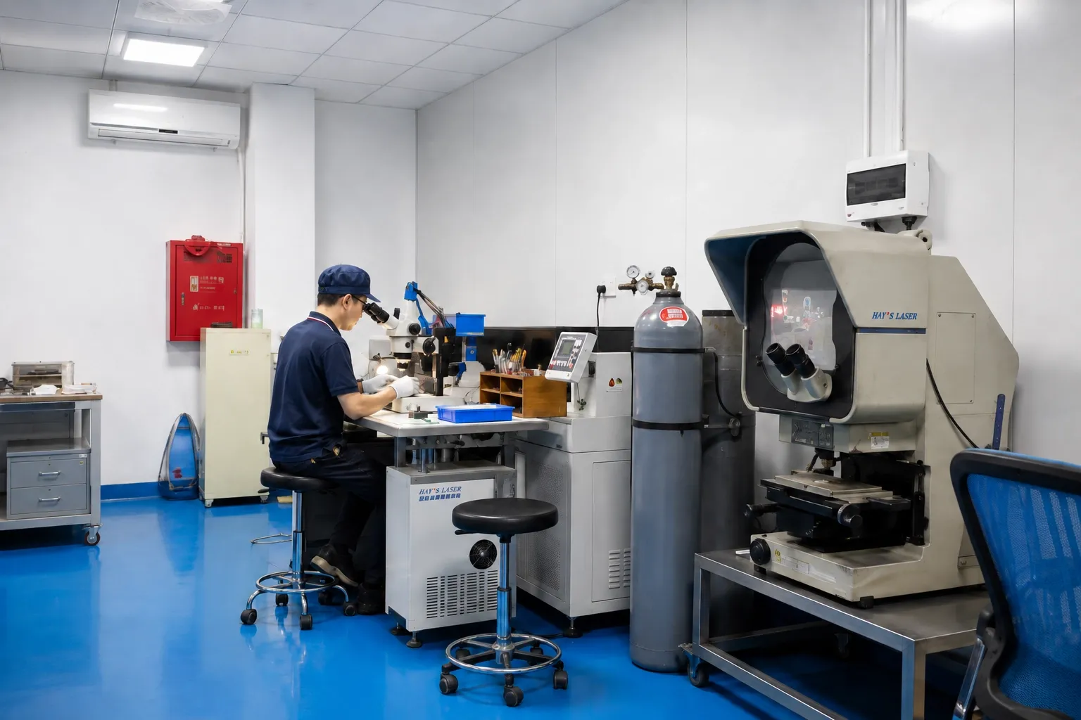 Laser welding station with binocular microscope and shielding-gas cylinder