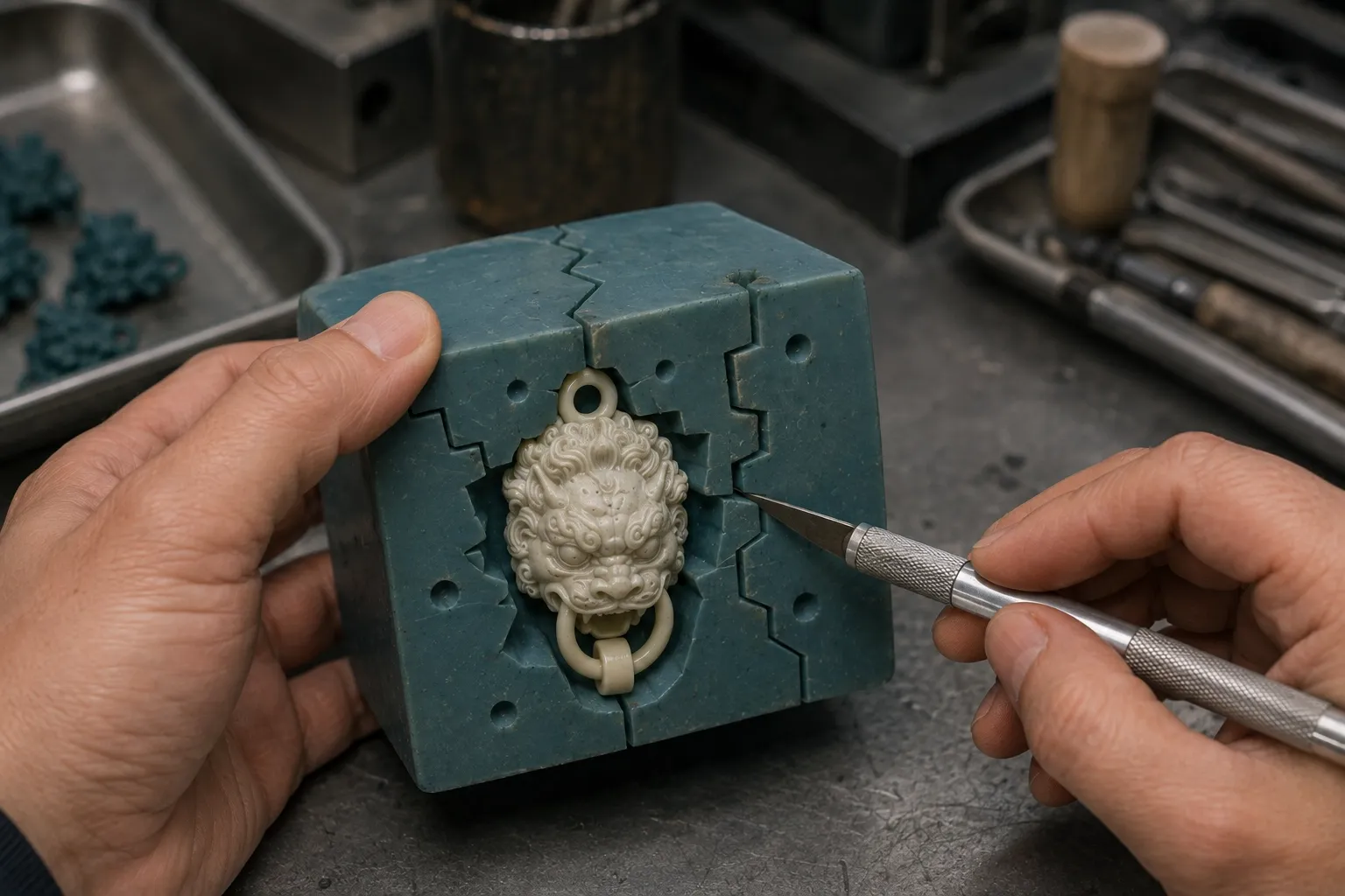 Lost-wax casting, step 02: Silicone or vulcanised rubber mold cut around the master