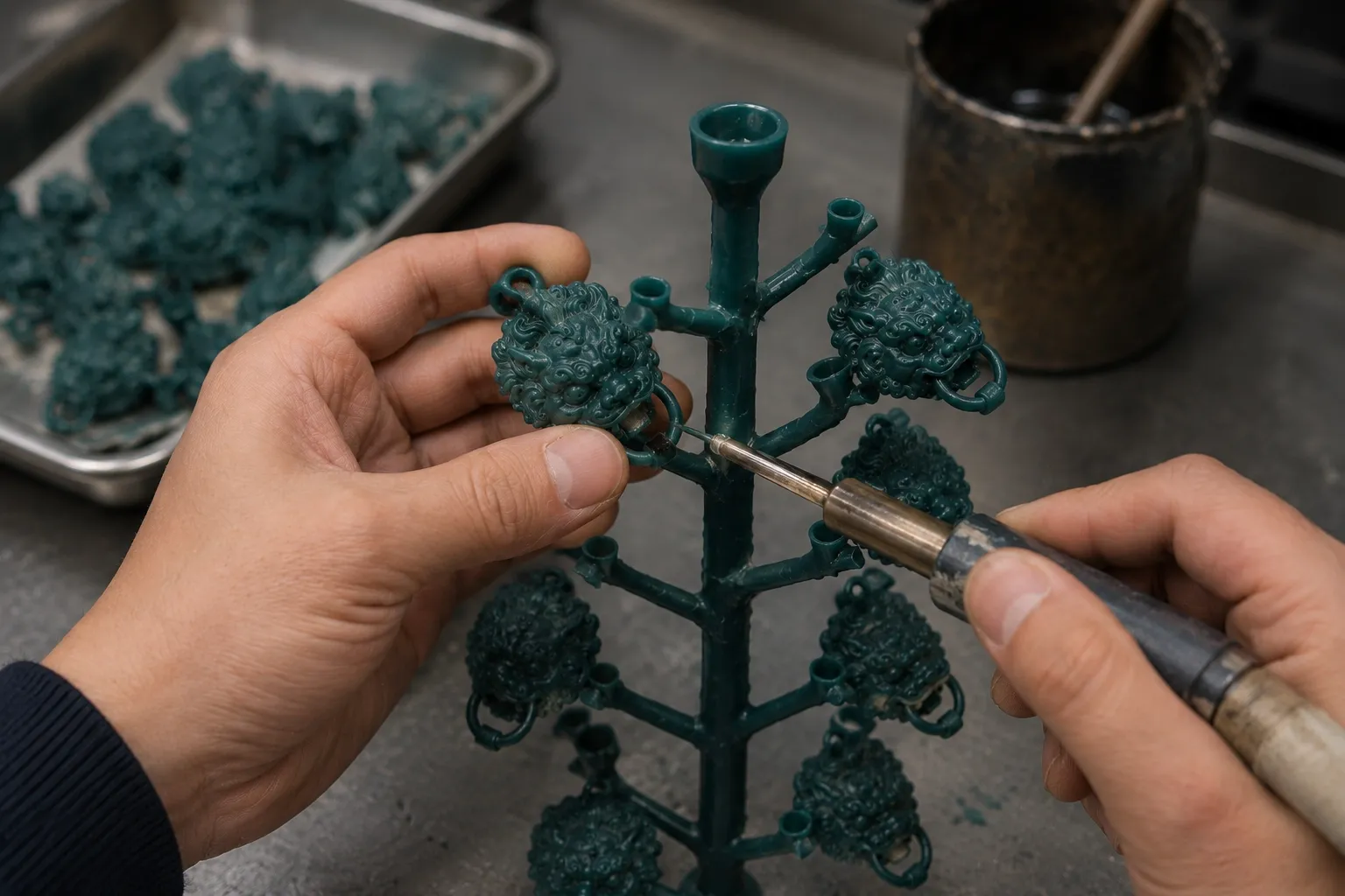 Lost-wax casting, step 04: Waxes assembled onto a sprue tree