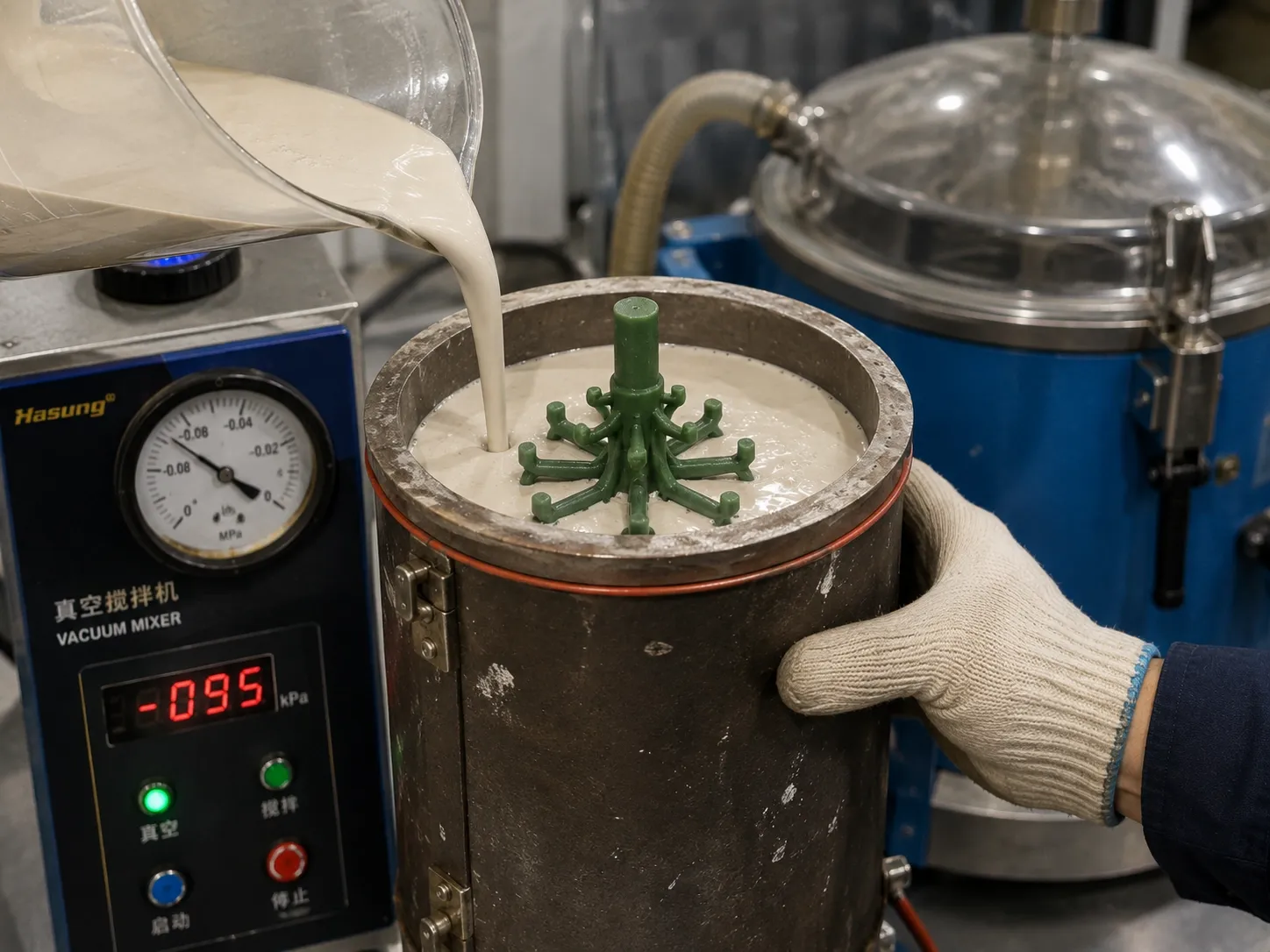 Lost-wax casting, step 05: Tree invested in ceramic slurry, de-aerated under vacuum and cured