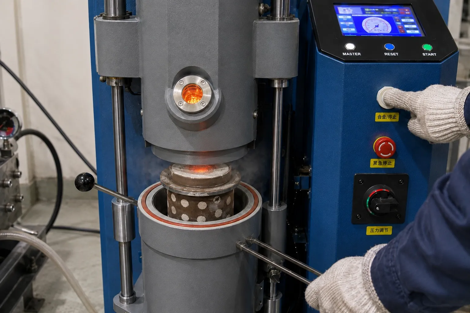 Lost-wax casting, step 07: Metal melted in the crucible and drawn into the flask under vacuum and positive pressure