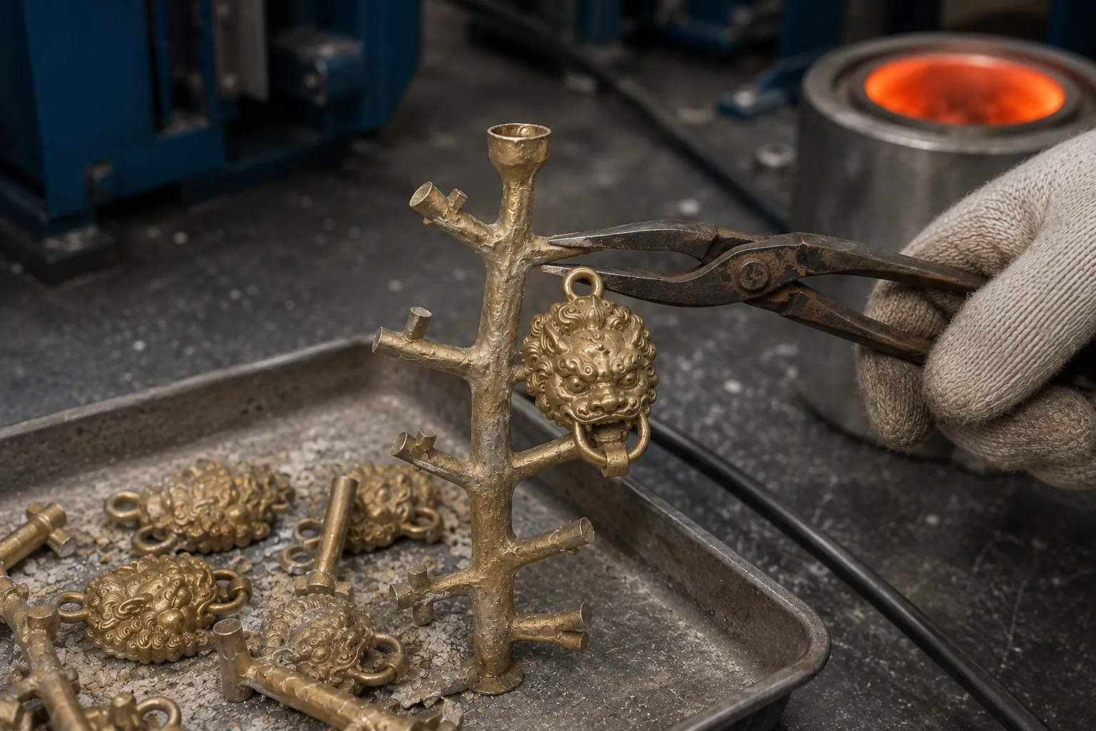 Lost-wax casting, step 08: Investment broken off, pieces cut from the tree