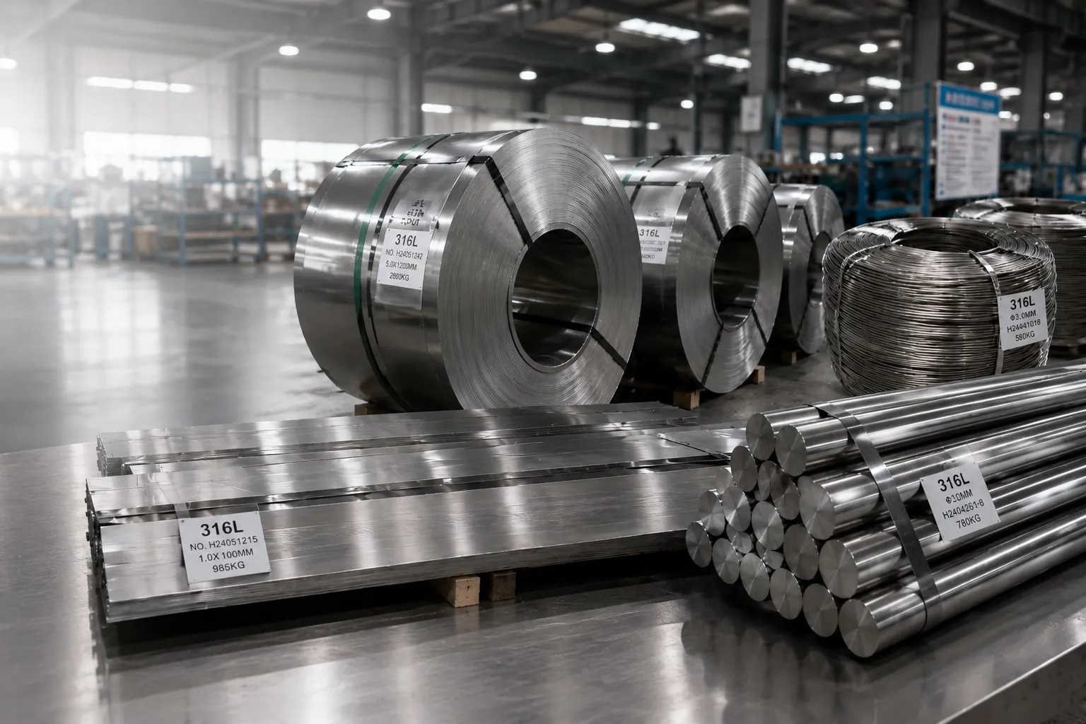 316L stainless steel raw stock on the factory floor — coil, strip, wire and bar