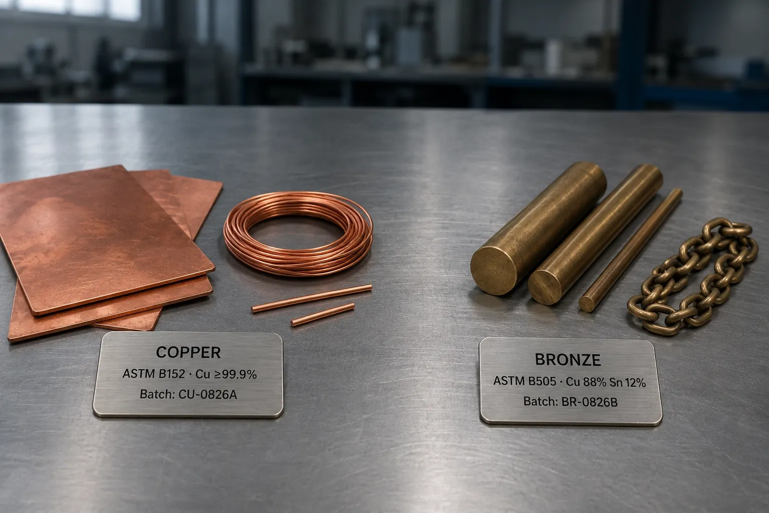 Copper & bronze raw stock on the factory floor