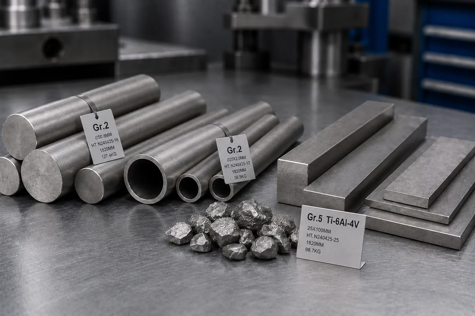 Titanium (Grade 2 / Grade 5) raw stock on the factory floor