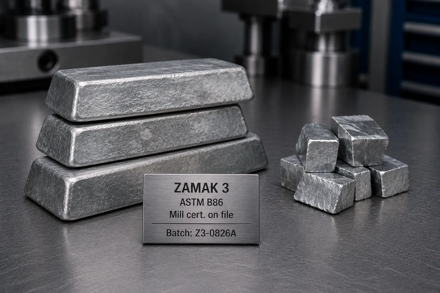Zinc alloy (Zamak 3 / 5) raw stock on the factory floor