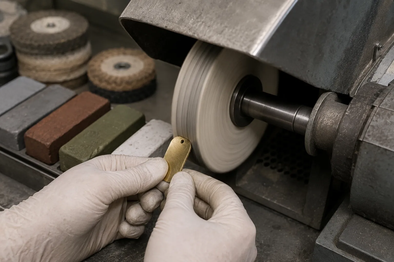 Polishing and finishing, step 03: Bench pre-polish on graded wheels