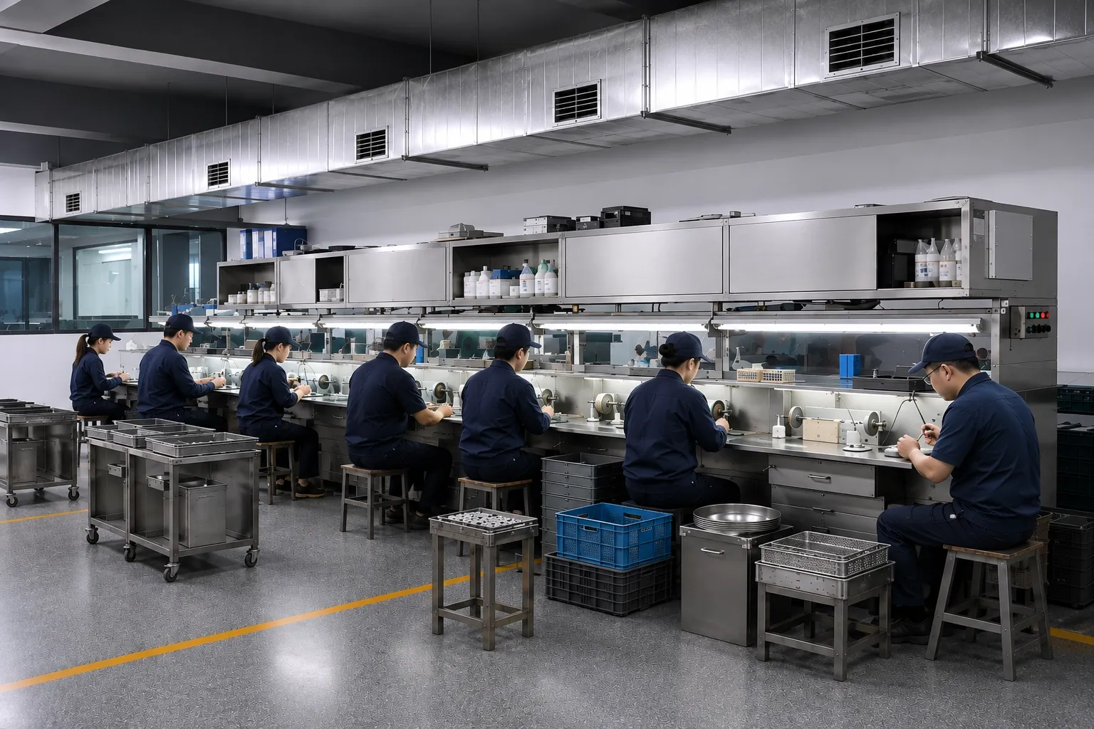 Row of polishing benches with overhead dust extraction and operators at each station