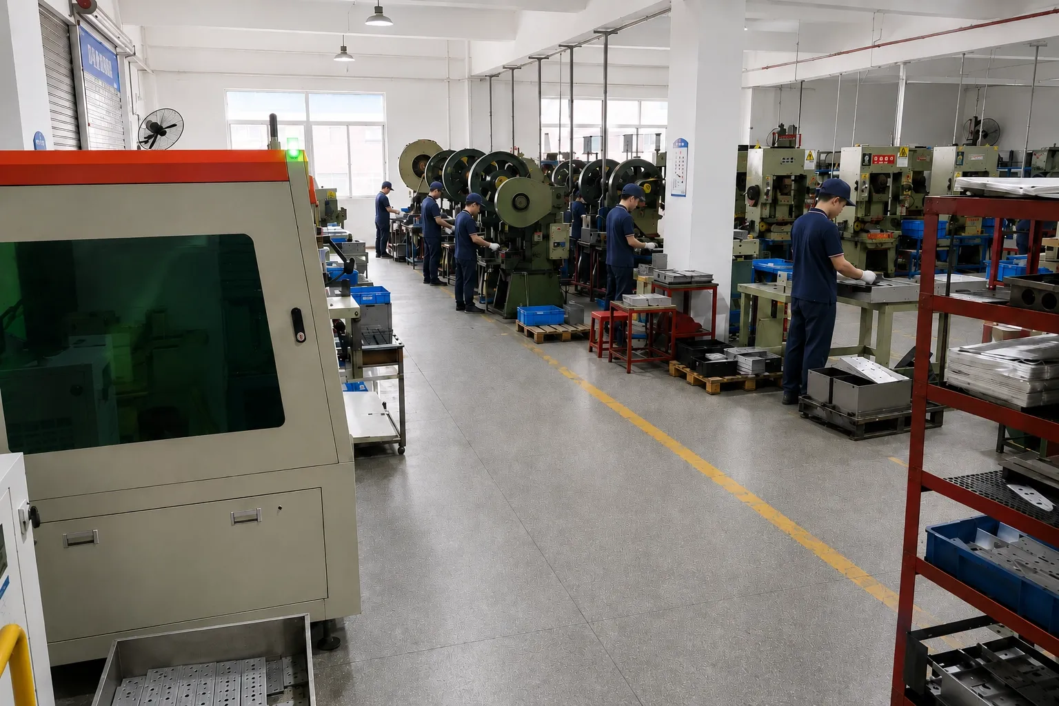 Punch press department: a line of power presses with operators at each machine and die racks alongside