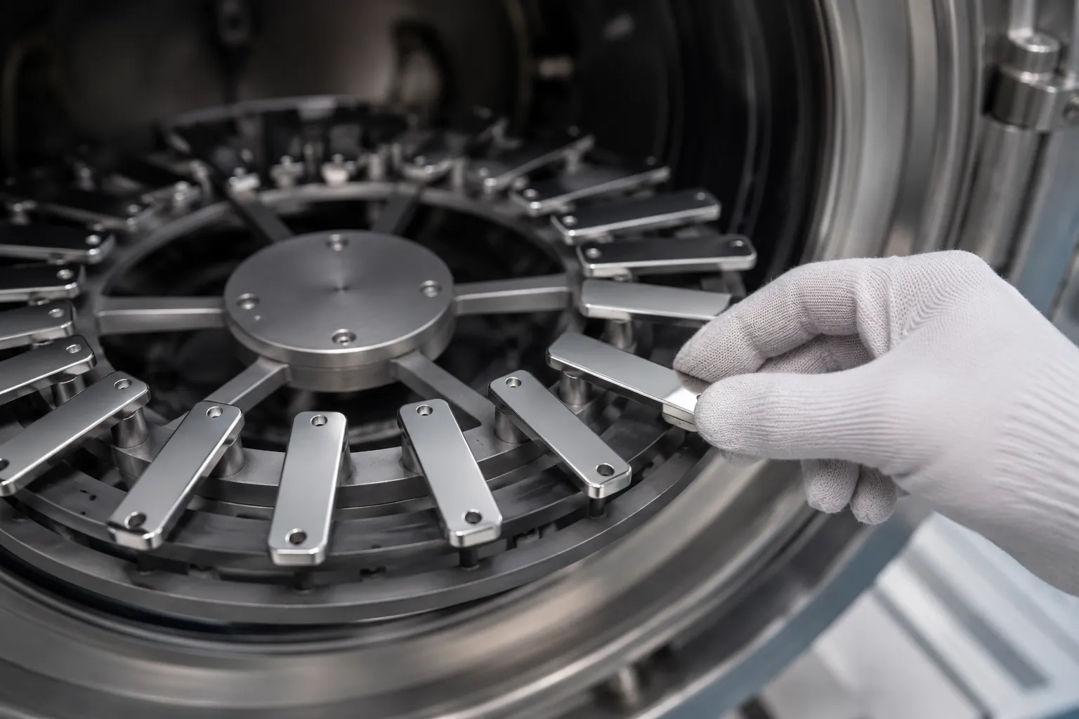 PVD and IP coating, step 02: Loaded onto rotating fixtures in the chamber