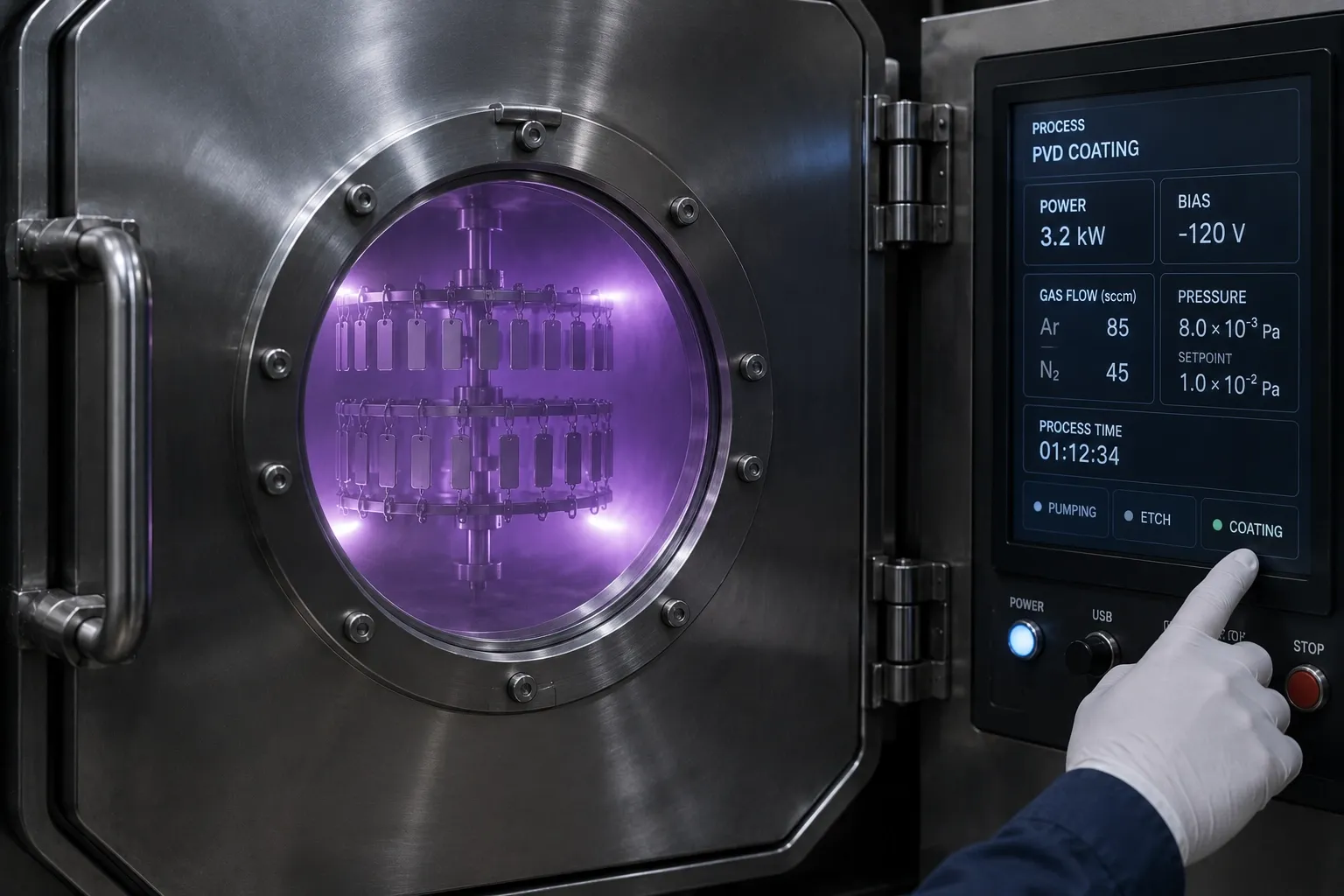 PVD and IP coating, step 04: Target vaporised; reactive gas admitted to set the colour