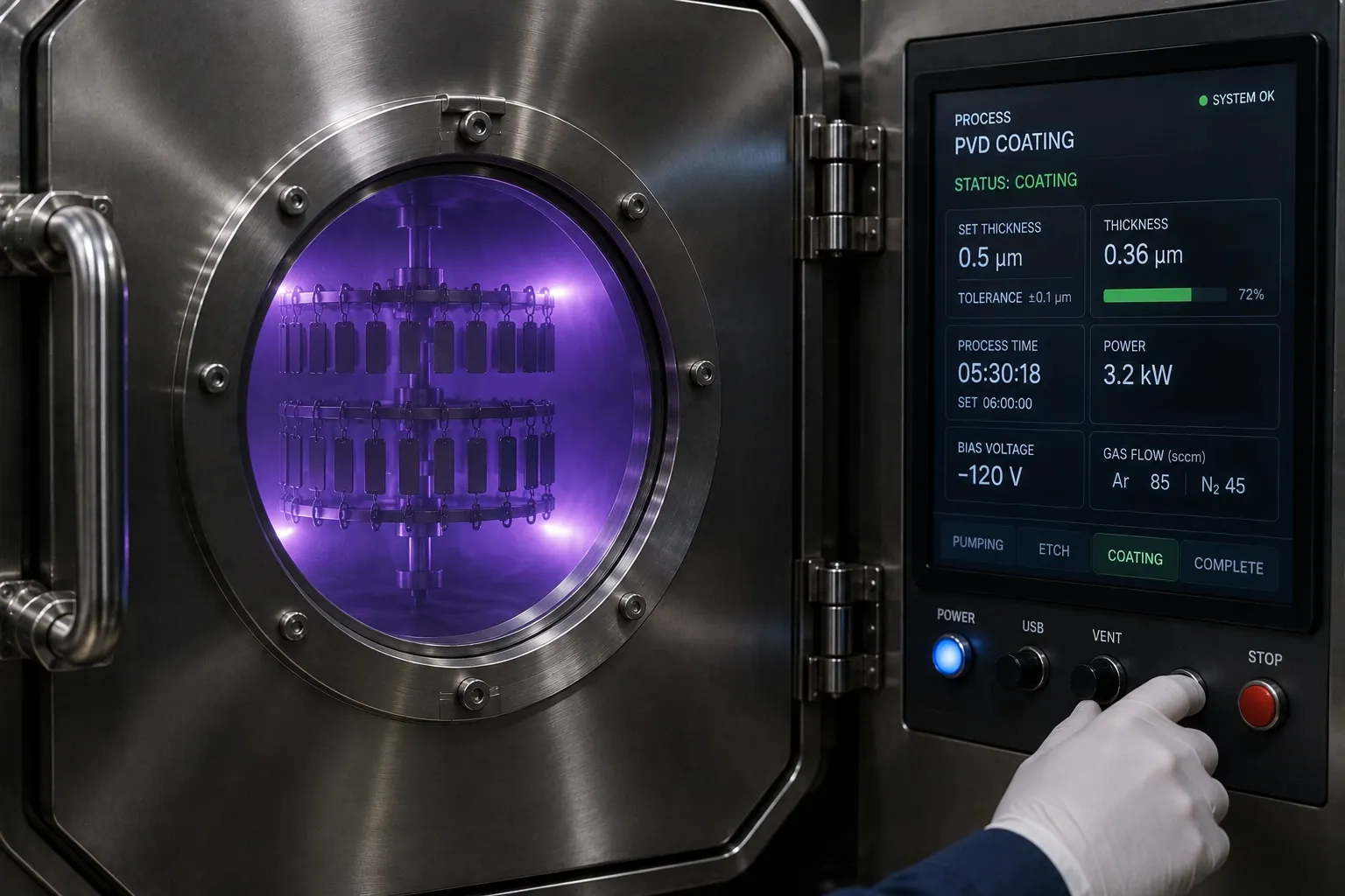 PVD and IP coating, step 05: Coating deposited to the specified thickness