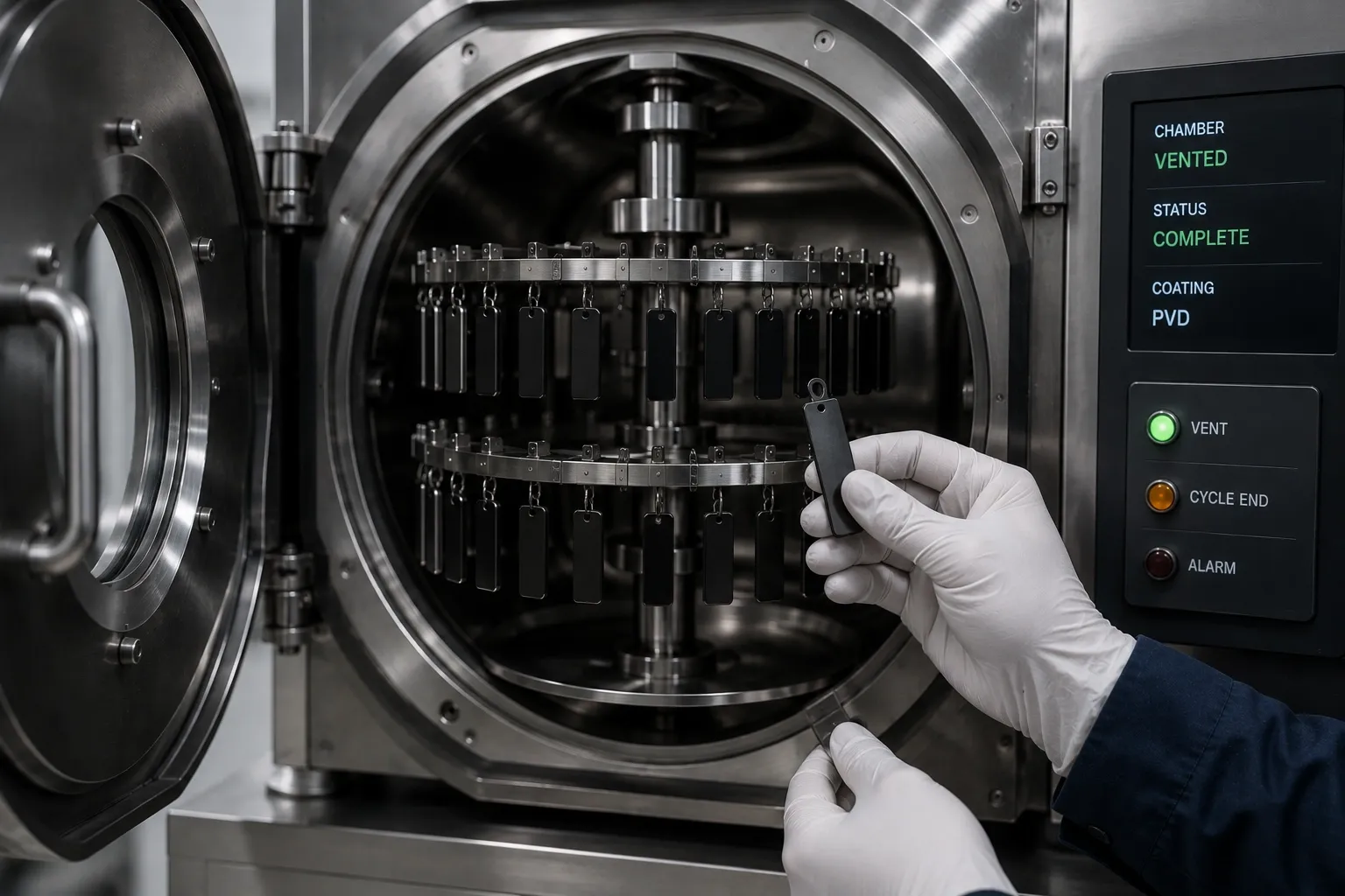 PVD and IP coating, step 06: Chamber vented and parts inspected for colour uniformity
