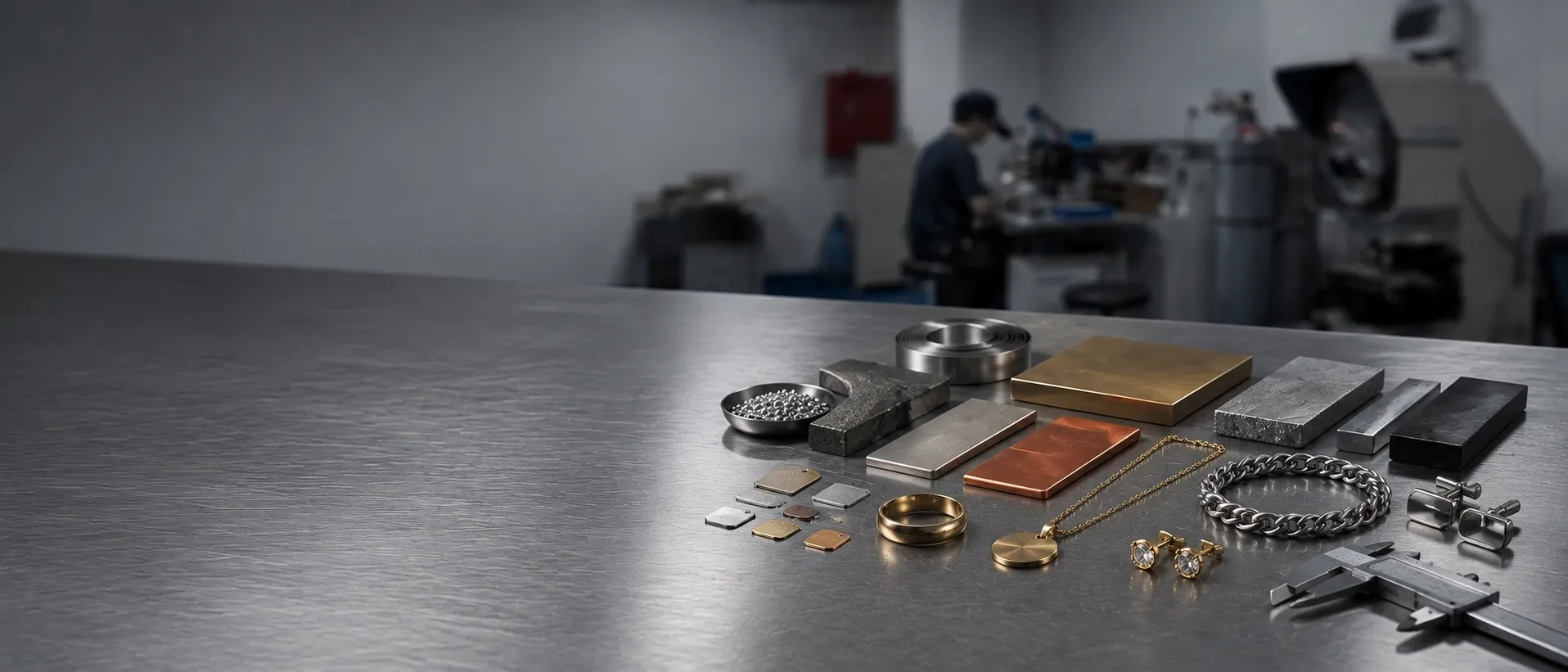 Reference samples and material stock on a workbench