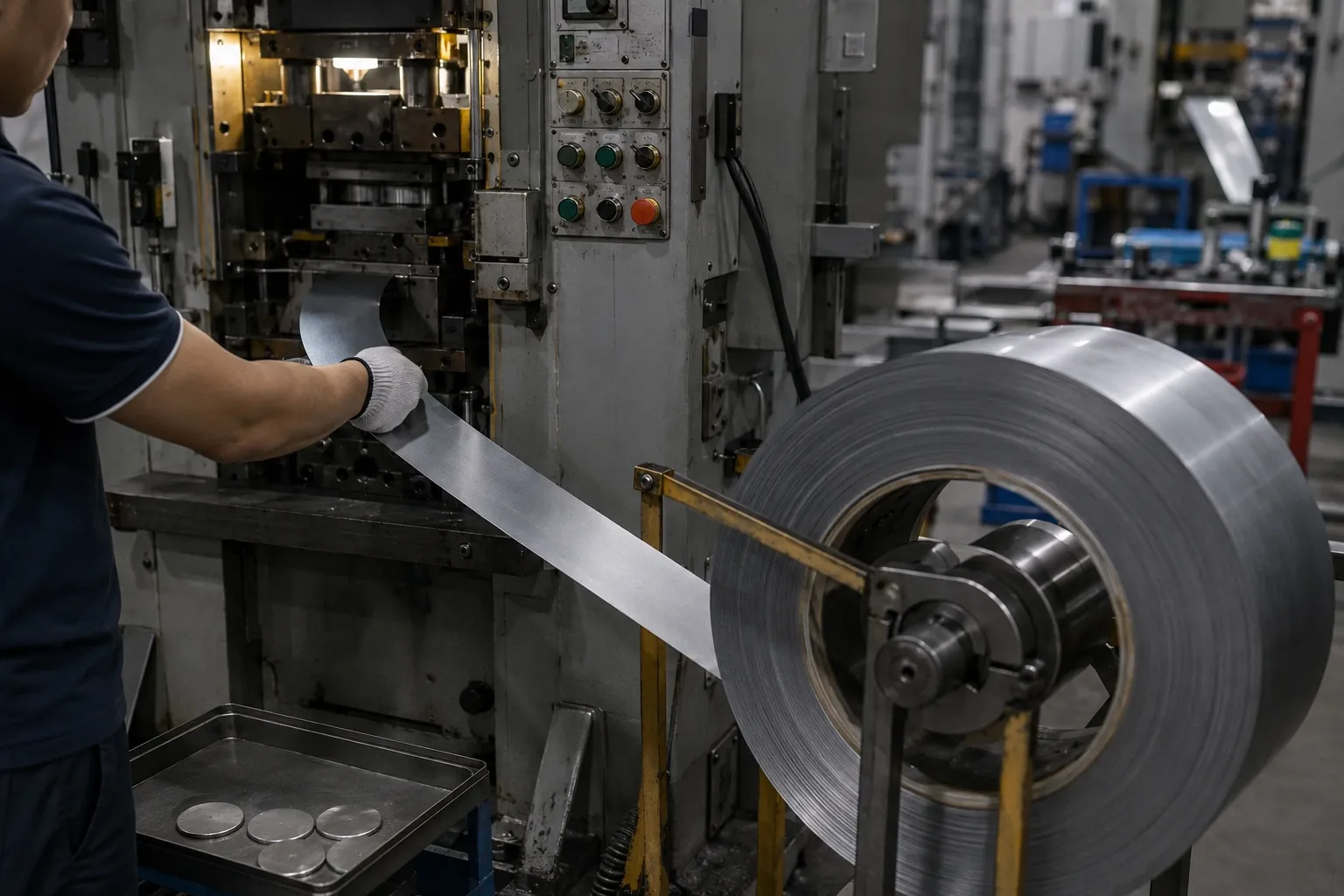 Stamping and die striking, step 03: Coil or sheet stock fed into the press