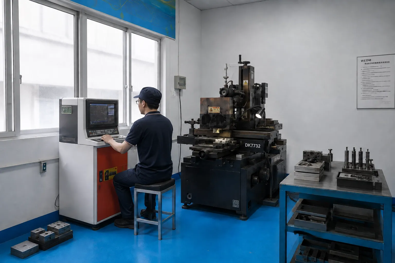 Wire EDM machine cutting a stamping die, with finished die blocks on the bench alongside